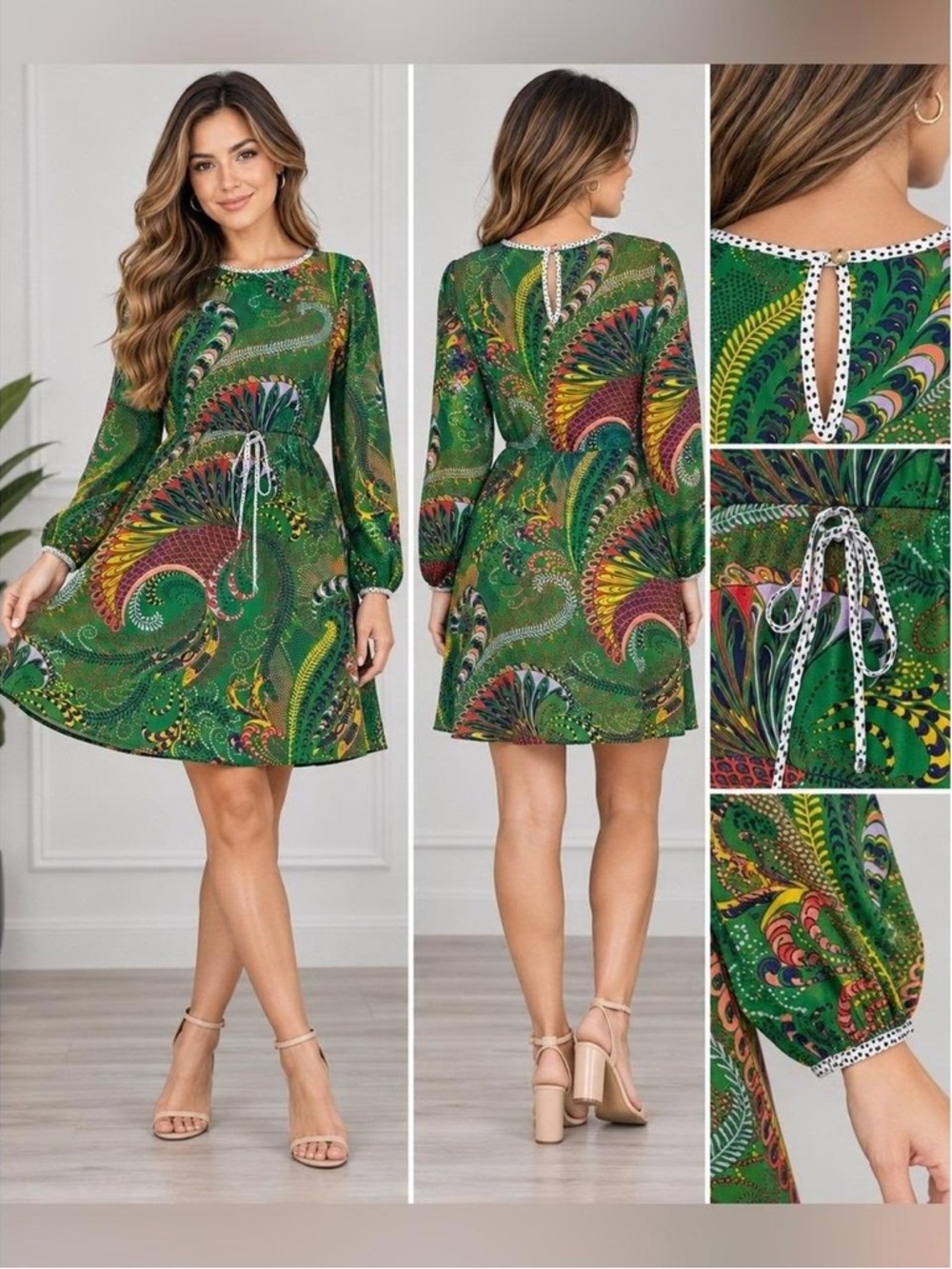 Maeve Anthropologie Green Peacock Paisley Long Sleeve Dress Size 6